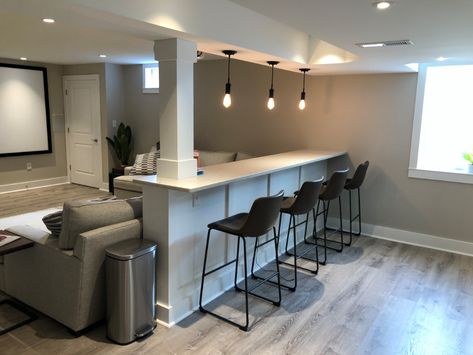 Half Wall Bar, Finished Basement Bars, Basement Bar Remodel, Powder Room Modern, Modern Basement Bar, Basement Theater, Small Basement Kitchen, Finished Basement Designs, Basement Movie Room