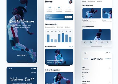 Hi! I just published a new case study called BasketDream. This app is for creating basketball training plan. Today I would like to show you some screens of this App. For more details check out the full Behance Case. Basketball App, Focus On The Process, App Login, Hour Workout, Planning App, Splash Screen, Basketball Training, Application Design, A Basketball