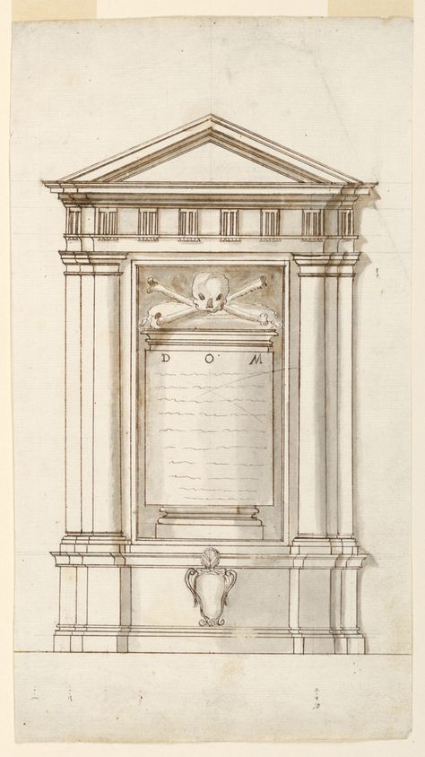 An aedicule with triangular pediment and triglyphs. Within a skull and crossbones above an inscription beginning with DOM. Watermark: dove upon a triple mount, in circle above F Triumphal Arch Drawing, Name Drawings, Cooper Hewitt, Design Department, Smithsonian Institution, A Skull, Skull And Crossbones, Heritage Collection, Design Museum