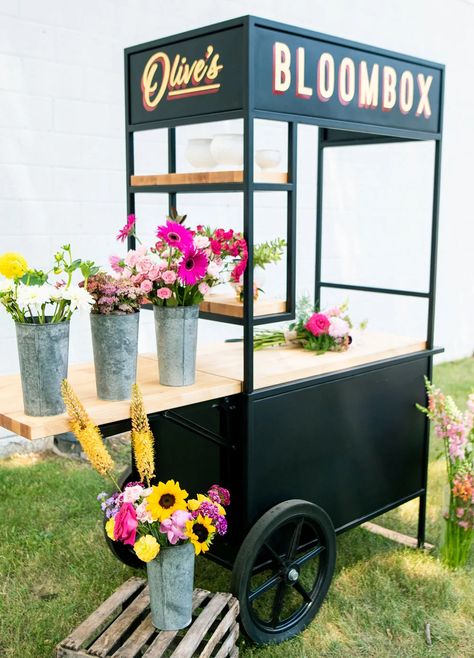 Mobile Flower Cart | Olive's Bloombox Mobile Flower Cart, Diy Vendor Cart, Florist Studio, Craft Market Display, Flower Shop Design, Cut Flower Farm, Cardboard Box Crafts, Garden Cart, Flower Truck