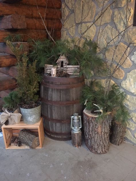 Whiskey Barrel Decor, Barrel Ideas, Christmas Cabin, Barrel Decor, Porch Decorations, Winter Decorating, Country Decorating, Christmas Front Porch, Wooden Barrel