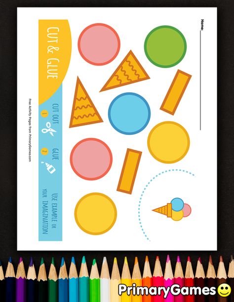 FREE Ice Cream Cone Cut And Glue Activity Page printable. Print, cut and glue PDF Activity Page Books from PrimaryGames. Our online collection of easy cut and paste activity pages feature the BEST paper crafts for you to make. Glue Worksheets Preschool, Cut And Glue Free Printable, Ice Cream Activities For Preschool Free Printables, Cut And Glue Activities For Kids, Cut And Paste Activities For Kids, Ice Cream Matching Game Free Printable, Life Cycles Kindergarten, Page Books, Glue Craft