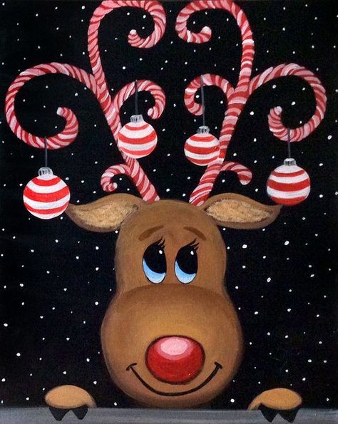 Candy Cane Reindeer, Christmas Window Painting, Christmas Canvas Art, Christmas Paintings On Canvas, Christmas Rock, Holiday Painting, Christmas Canvas, Christmas Drawing, Christmas Paintings