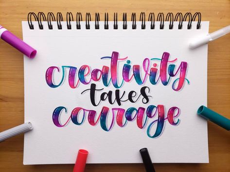 | Blending Lettering| Lettering Inspiration| Hand Lettering | Lettering styles | Hand Lettering Quotes | Brush Lettering Blending | Lettering with Crayola Markers | Artist Calligraphy, Creativity Takes Courage, Calligraphy Quotes Doodles, Brush Lettering Quotes, Brush Pen Lettering, Calligraphy Tutorial, Crayola Markers, Watercolor Quote, Custom Typography