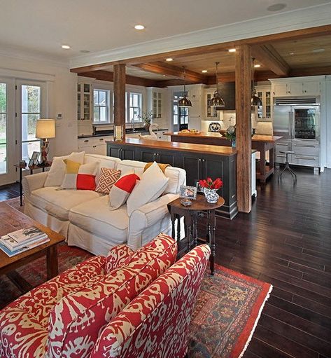 Open Concept Kitchen Living Room, Open Kitchen And Living Room, Farmhouse Style Furniture, Open Family Room, Farmhouse Style Living Room, Contemporary Living Room Design, Bathroom Walls, Open Concept Living Room, Kitchen Design Open