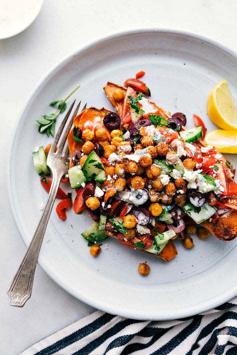 Mediterranean Sweet potato Mediterranean Sweet Potatoes, Creamy Lemon Dressing, Creamy Cilantro Dressing, Garbanzo Beans Salad, Bell Pepper Salad, Chelsea's Messy Apron, Loaded Sweet Potato, Bell Pepper Recipes, Roasted Chickpeas