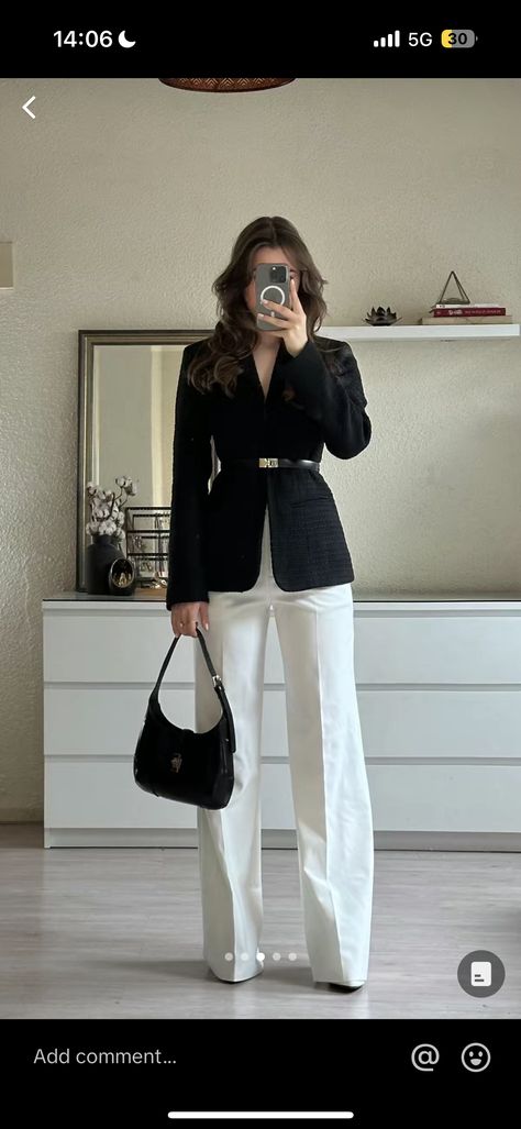 Old Money Quiet Luxury Style, Rich Business Woman Outfits, White Blazer Black Pants Outfit, Winter Dinner Outfit Night Classy Chic, Black Suit Outfits For Women, Black Shirt Outfit Summer, White Polo Outfit Women, Dinner Night Outfit, Classy Going Out Outfits