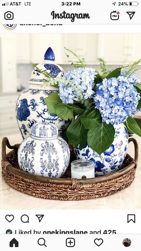 Blue Bird Decor, Decorating With Blue And White Porcelain Kitchen, How To Decorate With Blue And White, Chinoiserie Decorating Kitchen, Blue And White Vase Arrangement, Southern Blue And White Decor, Blue And White Mantle, Blue And White China Decor, Chinoiserie Chic Kitchen