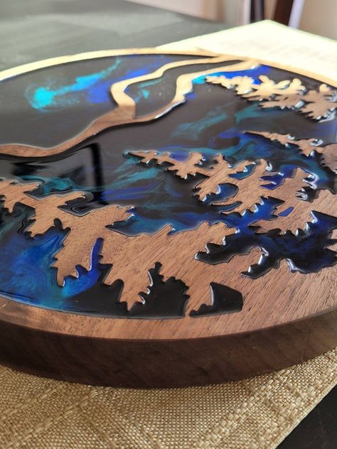 Resin Mountain Art Wood Wall Art Tree Landscape Northern - Etsy Canada Resin Mountain Art, Wood Resin Wall Art, Resin Wall Art Home Decor, Resin Wood Art, Wood And Resin Projects, Christmas Resin Ideas, Art Cabinet, Resin Wall Art, Diy Resin Projects