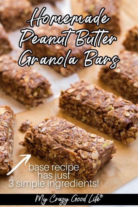 These Homemade Peanut Butter Granola Bars are a chewy, easy to make, delicious no bake snack recipe! Base recipe is just 3 simple ingredients. 21 Day Fix Granola Bars, Protein Granola Bars Homemade, Granola Bars Homemade Healthy, Homemade Peanut Butter Granola Bars, Granola Bars Homemade, Oatmeal Energy Balls Recipe, Chewy Granola Bars Homemade, Peanut Butter Granola Bars, Homemade Granola Bars Healthy