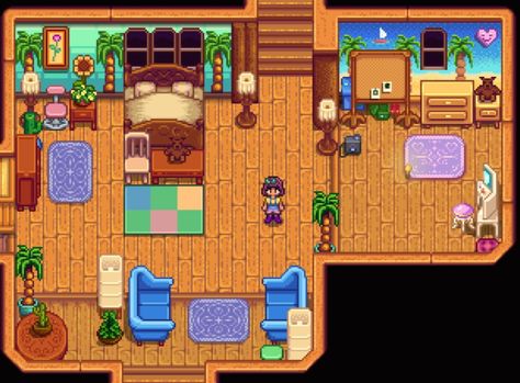 Haley stardew valley bedroom Stardew Valley Bedroom Ideas, Stardew Valley Kids Room, Stardew Bedroom, Stardew Valley Bedroom Design, Stardew Decoration, Haley Stardew Valley, Stardew House, Stardew Valley Ideas, Tropical Core