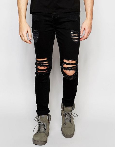 Dark Future Super Skinny Jeans With Extreme Rips Dark Ripped Jeans, Mens Dark Jeans, Mens Distressed Jeans, Mens Fashion Quotes, Dark Future, Ripped Jeans Men, Torn Jeans, Destroyed Denim, Destroyed Jeans