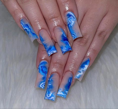 Marble Full Set Nails, Blue Nail Designs Ombre, Blue Water Nails Acrylic, Long Acrylic Nails Square Blue, Blue Acrylic Nail Designs Ideas, Medium Square Acrylic Nails Designs Blue, Creative Blue Nails, Blue And White Acrylic Nails Design, Blue Short Acrylic Nails Designs