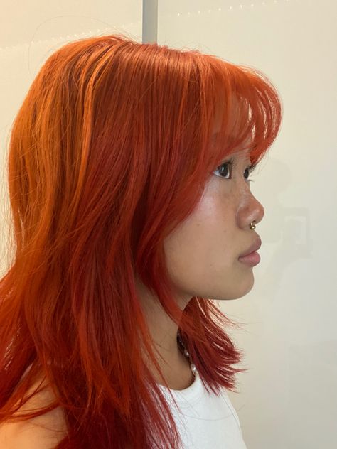 Orange Hair Medium Skin, Orange Roots Red Hair, Fiery Orange Hair, Orange Hair Shades, Burnt Orange Hair Dye, Orange Hair With Highlights, Golden Orange Hair, Deep Orange Hair, Face Frame Hair