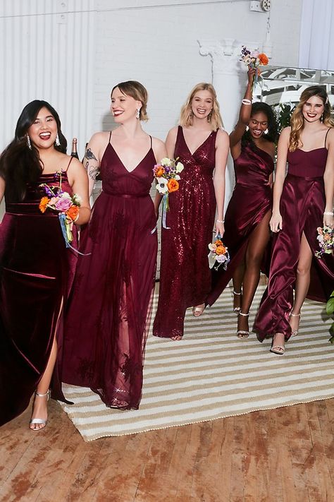 Charmeuse Draped One-Shoulder Bridesmaid Dress | David's Bridal Mismatched Burgundy Bridesmaid Dresses, Rainbow Bridesmaid Dresses, Wine Color Bridesmaid Dress, Maroon Bridesmaid, Wine Bridesmaid Dresses, Mix Match Bridesmaids, Maroon Bridesmaid Dresses, Fall Wedding Bridesmaids, Winter Bridesmaid Dresses