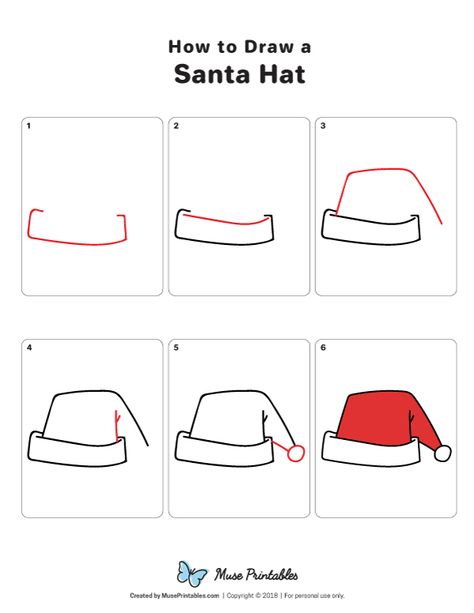 Learn how to draw a Santa hat step by step. Download a printable version of this tutorial at https://museprintables.com/download/how-to-draw/how-to-draw-a-santa-hat/ How To Draw A Santa Hat, Christmas Doodles Easy Step By Step, How To Draw Christmas Stuff Step By Step, How To Draw A Christmas Tree Easy, Christmas Easy Drawings, How To Draw Christmas, How To Draw Christmas Stuff, Christmas Cards For Kids To Make, Santa Hat Doodle