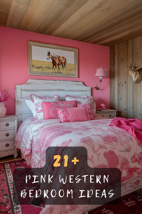 Dreaming of a pink western vibe? These 21 bedroom ideas combine rustic charm with playful pink accents to create a unique and cozy retreat. Ready to add some cowboy flair to your decor? Tap to explore all the stylish inspirations 💕🤠. #WesternDecor #PinkBedroomIdeas #RusticStyle Pink Country Aesthetic Room, Cowgirl Bedroom Ideas For Teens, Western Girl Bedroom Ideas, Diy Western Decor Bedroom, Cowgirl Room Decor Western Style, Girls Country Bedroom, Retro Cowgirl Bedroom, Pink Room Walls, Pink And Wood Bedroom