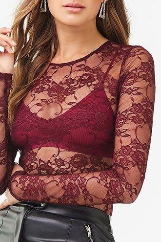 Forever 21 Sheer Lace Bodysuit , Wine 12.99 USD Lace Bodysuit Outfit, Bodysuit Outfit, Build A Wardrobe, Body Suit Outfits, Cute Blouses, Forever21 Tops, Lace Bodysuit, Funnel Neck, Bra Lingerie