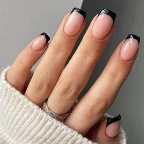 Slant Nail Design, Powder Gel French Nails, Natural Nails With Black Tips, Nails Formal Events Black Tie, Simple Black Nail Designs Short Square, Brown Nails Black Tips, Nails With Black Dress Classy, Square Black Tip Nails, Dark Ombre Nails Short