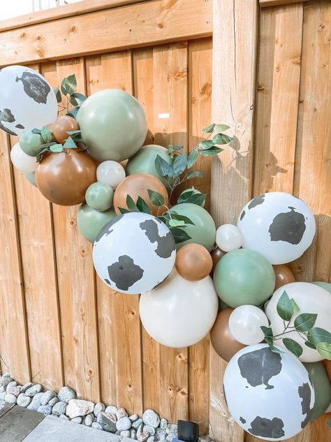 Rodeo Balloon Garland, Cow Balloon Garland, First Rodeo Birthday Party, Cow Baby Shower Theme, Rodeo Birthday Parties, Cow Birthday Parties, Last Rodeo, Cow Baby Showers, Farm Baby Shower