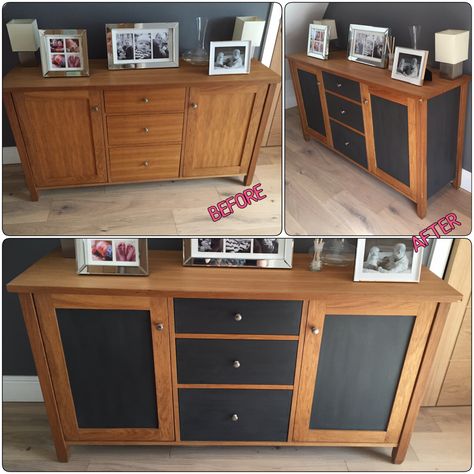 Oak sideboard upcycle before/after. Door panels, side panels and draws painted Dark grey chalky paint and waxed. Upcycle Oak Sideboard, Oak Sideboard Makeover, Vintage Sideboard Upcycle, Upcycled Sideboard, Sideboard Makeover, Pallet Furniture Table, Upcycled Furniture Before And After, Sideboard Upcycle, Retro Dresser