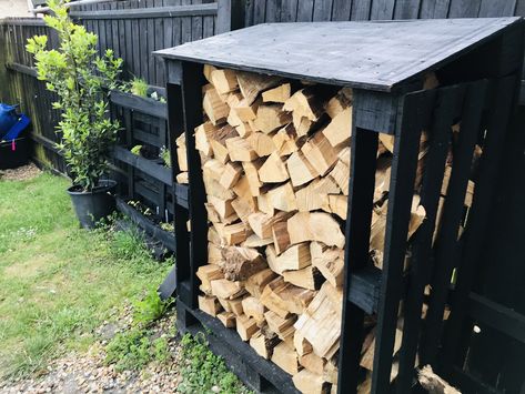 Pallet Woodstore, Pallet Wood Store Firewood Storage, Firewood Shed Pallets, Pallet Log Store, Log Store Pallet, Pallet Wood Fire Storage, Pallet Log Store Diy, Log Store Pallet Ideas, Log Store Made From Pallets