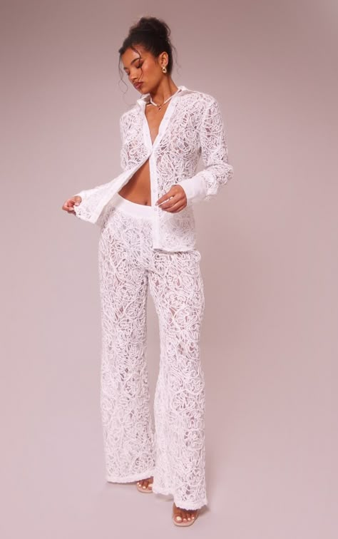 Questioning what to wear for your hen party? We've got you brides to be covered with hen party looks that'll have you feeling best dressed effortlessly. White Lace Outfits For Women, All White Outfit Party Night Classy, Lace Trousers Outfit, Lace Pants Outfit, White Lace Outfit, White Christmas Party, Core Clothes, Black White Christmas, White Lace Fabric