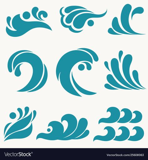 Sea Elements Illustration, Wave Shape Design, Ocean Design Ideas, Ocean Symbolism, Beach Waves Drawing, Wave Illustration Design, Water Illustration Design, Sea Waves Illustration, Ocean Symbols