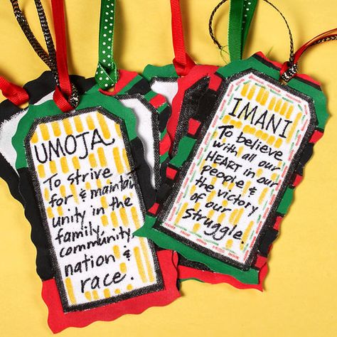 Homemade Kwanzaa Gift Tags | AllFreeHolidayCrafts.com Kwanzaa Tree, Kwanzaa Ornaments, Kwanzaa Colors, Seven Principles Of Kwanzaa, Kwanzaa Party, Kwanzaa Crafts, Kwanzaa Activities, Kwanzaa Principles, Kwanzaa Gifts