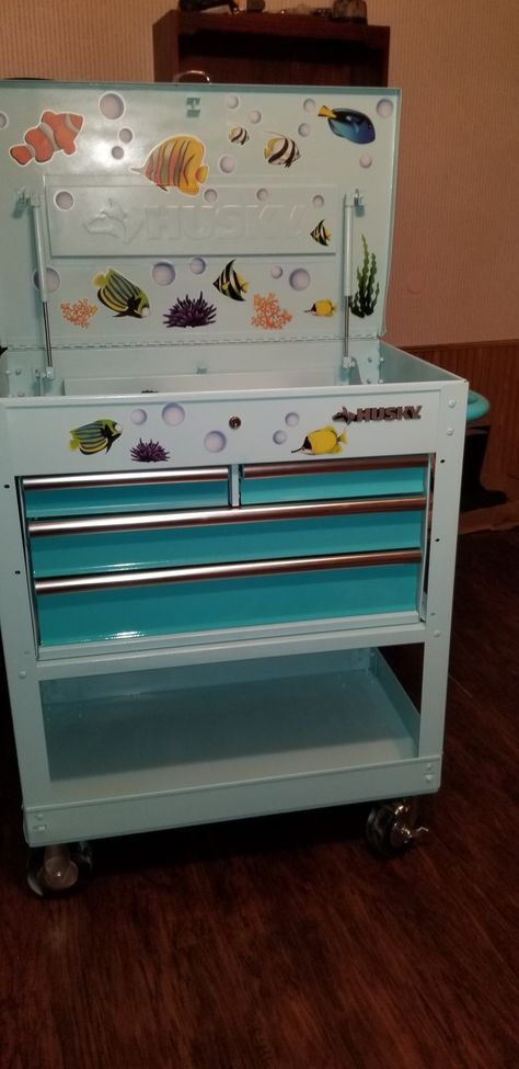 DIY Baby Changing table made from a tool chest box. Diy Baby Changing Table, Baby Changing Table, Baby Nursery Ideas, Automotive Decor, Tool Chest, Baby Changing, Diy Baby, Diy Baby Stuff, Changing Table