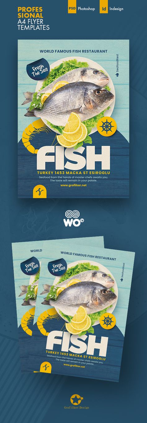 Fish Advertising Design, Fish Food Packaging, Sea Food Social Media Design, Fish Poster Design Ideas, Sea Food Packaging, Sea Food Menu Design, Seafood Advertising, Seafood Poster Design, Fish Poster Design