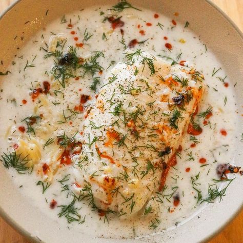 Poached Cod in Coconut Milk with Dill & Lemon Cod Filets, Garlic Chili Oil, Poached Cod, Coconut Milk Sauce, Poached Fish, Cod Fillets, Cream Sauce Pasta, Arugula Salad Recipes, Olive Oil Garlic