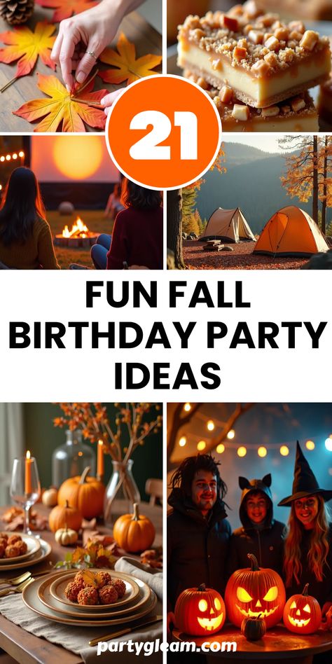 Get inspired with these 21 fun fall birthday party ideas that will make your celebration unforgettable! From cozy outdoor movie nights under the stars to unique themes like Friendsgiving or Halloween, autumn provides a perfect backdrop for any party. Picture a cheerful caramel apple bar or artsy fall crafts that engage your guests. Celebrate with nature-inspired décor, seasonal flavors, and memorable activities that keep everyone entertained. Let's create moments that you'll savor long after the party is over! Fall Party Theme Ideas, November Birthday Party Ideas, Backyard Campfire Party, Fall Birthday Party Ideas, Harvest Birthday Party, Diy Caramel, Pumpkin Painting Party, Fall Birthday Party, Campfire Party