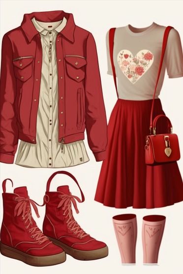 This outfit was drafted in collaboration with Artificial Inteligence and should be used as inspiration to any fashionable individual. It speciffically contains the colors red and white. Perfect look for Valentines Day! Linked: Casual Flared Plain Pleated Red Skirt - Amazon #valentinesdayoutfit #whiteandred #heartshirt #redskirt #floraloutfit #valentinesdayfashion Fashion Moodboard, Red Skirt, Floral Outfit, Valentine's Day Outfit, Mood Board Fashion, Red Button, Heart Shirt, Red Skirts, Flowy Skirt