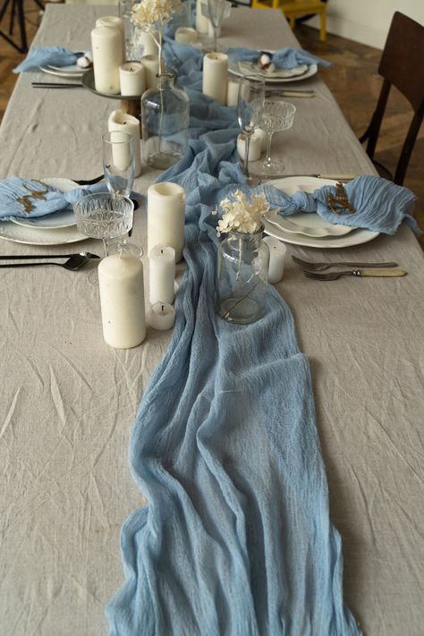 White Table Cloths Blue Napkins, Coastal Chic Wedding Tables Round, Wedding Table Runner Blue, Blue Linen Table Runner, Wedding Table Bore, Dusty Blue Table Cloths And Silver Charger, Dusty Blue Round Table Runner, White Table Dusty Blue Runner, Blue And White Table Runners Wedding