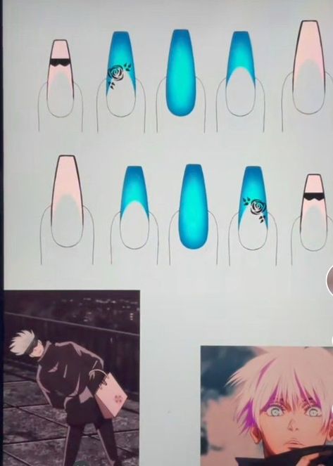 Demon Acrylic Nails, Gojo Themed Nails, Simple Anime Nail Ideas, Jjk Nails Gojo, Jujutsu Kaisen Nails Design, Inosuke Nails, Gojo Nails Inspired, Tokyo Ghoul Nails Designs, Gojo Satoru Nails