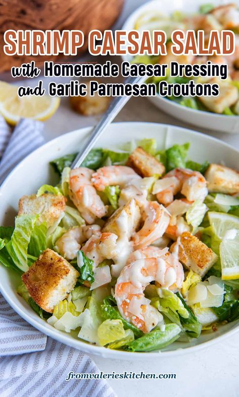 Upgrade your Caesar salad with oven roasted shrimp, homemade croutons, and a fresh, made from scratch Caesar dressing. This restaurant-quality Shrimp Caesar Salad is easy perfect for a quick and satisfying lunch or dinner. Ina Garten Roasted Shrimp, Classic Salads, Shrimp Caesar Salad, Oven Roasted Shrimp, Shrimp In The Oven, Chicken Caesar Salad Recipe, Salad Shrimp, Green Salads, Classic Salad