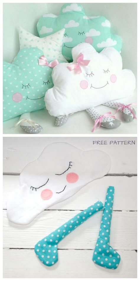 DIY Fabric Cloud Baby Free Sewing Pattern & Tutorial Cloud Diy, Baby Pillow Diy, Tea Towels Embroidery, Hand Embroidery Patterns Free, Fabric Crafts Diy, Sewing Machine Projects, Bantal Sofa, Free Sewing Pattern, Baby Sewing Projects