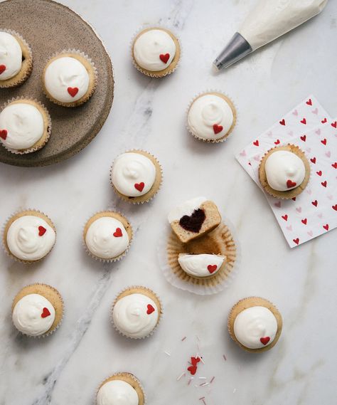 Surprise Cupcakes, Fluffy Cream Cheese Frosting, Buckwheat Cake, Single Layer Cakes, Heart Cupcakes, Heart Sprinkles, White Cupcakes, Buttercream Cupcakes, Cupcake Tins