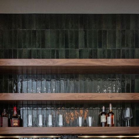 Dark Kitchen Tile Backsplash, Green Tile Bar Backsplash, Green Tile Wet Bar, Dark Brown Kitchen Cabinets Green Backsplash, Dark Cabinets Dark Backsplash, Dark Cabinets Green Backsplash, Green Tile Coffee Bar, Walnut Wet Bar, Dark Green Wet Bar