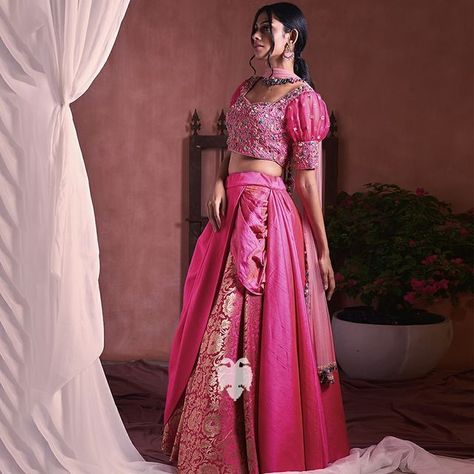 Puffed Sleeves Blouse, Pink Half Sarees, Dusky Skin, Bias Skirt, Lehenga Blouse, Silk Brocade, Puff Sleeve Blouse, Traditional Dress, Half Saree