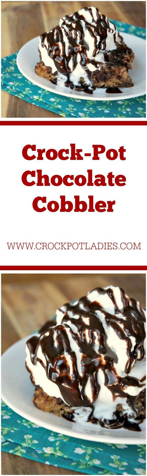 Crock-Pot Chocolate Cobbler - A chocolatey, gooey, rich dessert, this recipe for Crock-Pot Chocolate Cobbler is easy to make and one your family is sure to love! Serve with ice cream! [Low Fat & Vegetarian] #CrockPotLadies #CrockPot #SlowCooker #DessertRecipes Crock Pot Brownies, Crockpot Desserts, Chocolate Cobbler, Slow Cooker Recipes Dessert, Easy Chocolate Desserts, Crock Pot Desserts, Slow Cooker Desserts, Crockpot Cooking, Rich Desserts