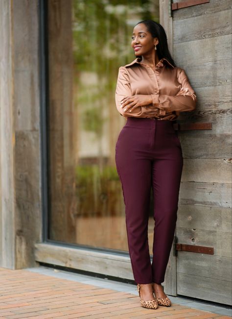 Brown Blouse Outfit Work, Brown Fitted Blouse For Office, Plum Work Pants Outfit, Plum Pants Outfit Work, Classic Brown Office Blouse, Fitted Brown Shirt For Office, High Waist Brown Dress Pants For Office, Plum Blouse Outfit, Brown High-waisted Dress Pants For Office