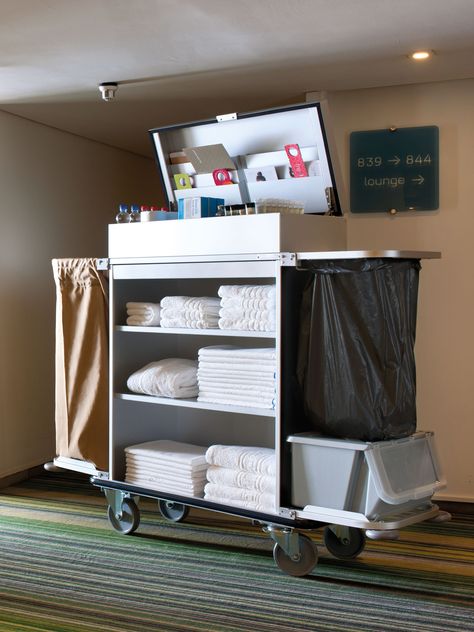 Housekeeping Tips Hotel, Trolly Design Ideas, Hotel Housekeeping Tips, Hotel Trolley, Cantilever Roof, Laundry Trolley, Housekeeping Cart, Cleaning Trolley, Freelance Interior Designer