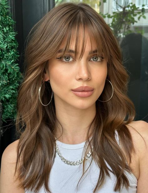 Long Straight Wispy Bangs Brunette Hair Wispy Bangs, Wispy Bangs Long Hair Brunettes, Wavy Hair Wispy Bangs, Brunette Hair With Bangs, 90's Hairstyle, Subtle Bangs, Hazelnut Hair, French Bangs, Fringe Bangs Hairstyles