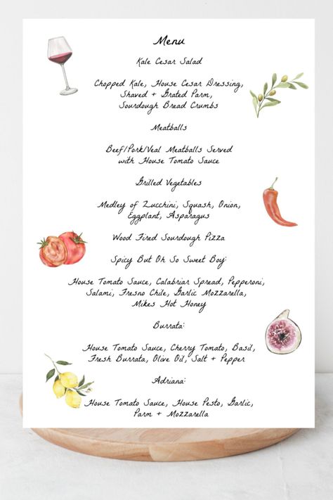 Wedding Menu Template, Italian Dinner Wedding Menu, Farm to Table Menu, Watercolor fruits and vegetables Menu, Winery Menu, Farm Wedding Watercolor Fruits And Vegetables, Farm To Table Menu, Menu Watercolor, Fall Wedding Menu, Veal Meatballs, Watercolor Menu, Wedding Food Menu, Watercolor Fruits, Italian Dinner Party