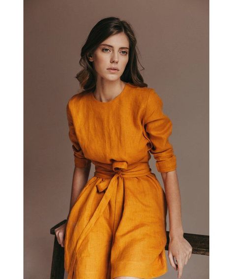 Orange linen dress Tunik Linen, Sukienki Maksi, Linen Dress Women, Dress For Summer, Dress Orange, Linen Tunic, Stylish Outfit, Orange Fashion, Soft Grunge