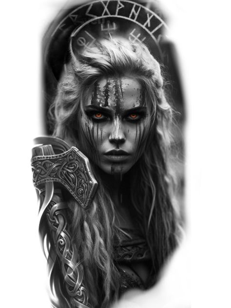 Full Sleeve Viking Tattoos For Guys, Lagatha Vikings Tattoo, Viking Shield Maiden Tattoo, Viking Women Tattoo, Hel Goddess Tattoo, Viking Warrior Woman Tattoo, Valkyrie Tattoo Men, Female Warrior Tattoo Sleeve, Valkyrie Tattoo Design