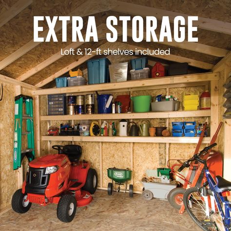 The Heartland statesman 10-ft. x 16-ft. Wood storage shed is packed with value. 7-Ft. Tall side walls give you plenty of vertical height for rakes, shovels and ladders. A storage loft and two shelves keep all tools and equipment organized and within reach. An extra-wide 64-in. Door opening makes it easy to bring tractors, lawnmowers, bicycles and wheelbarrows in and out. This is the perfect shed for the doers and makers of the world. Heartland Statesman 10-ft x 16-ft Wood Storage Shed (Floor Inc Shed Floor, Wood Storage Sheds, Side Wall, Storage Shed, Wood Storage, Heartland, Extra Storage, Diy Furniture Plans, Diy Furniture