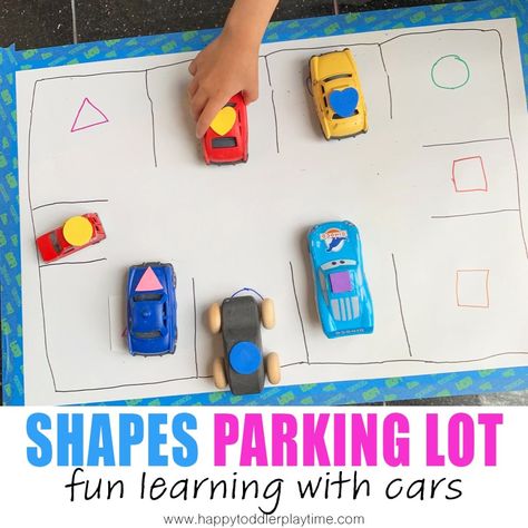 Shapes Parking Lot Activity - HAPPY TODDLER PLAYTIME Toddler Car Activities, Easy Math Activities, Toddler Math, Numeracy Activities, Easy Math, Shape Activities Preschool, Eyfs Activities, Math Activities For Kids, Nursery Activities